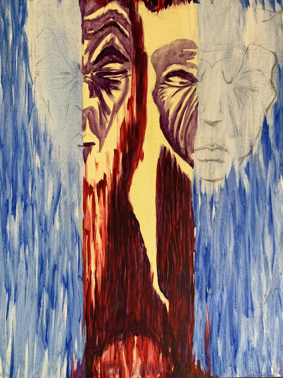 Acrylic painting from 2002 :: two faces between falling columns of blue, one carved in purple with eyes shut and straining, one fading to faint pencil, divided by a column of running dark red